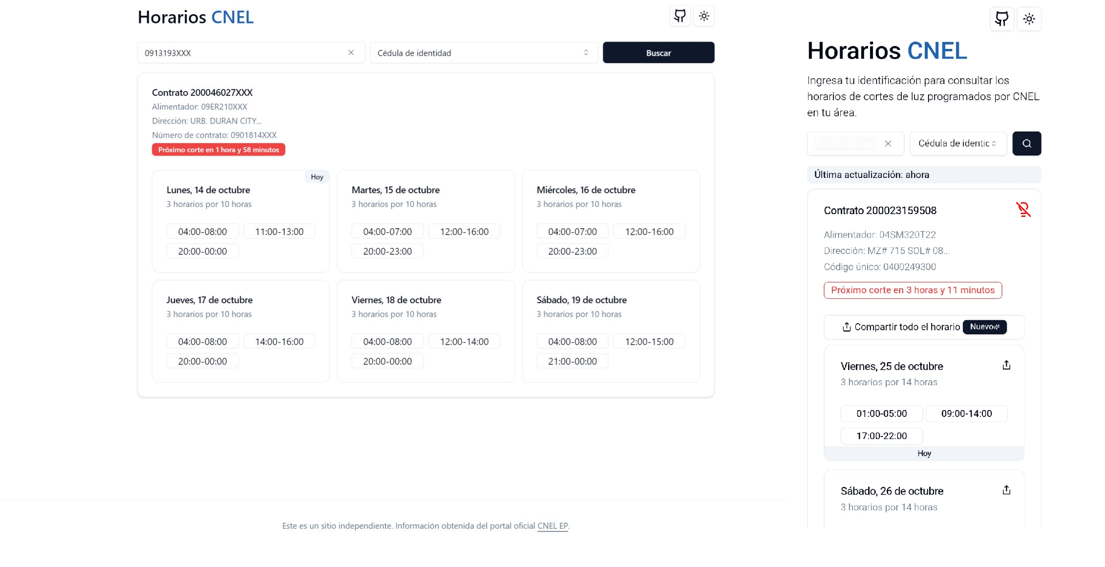 Vista de la aplicación Horarios CNEL