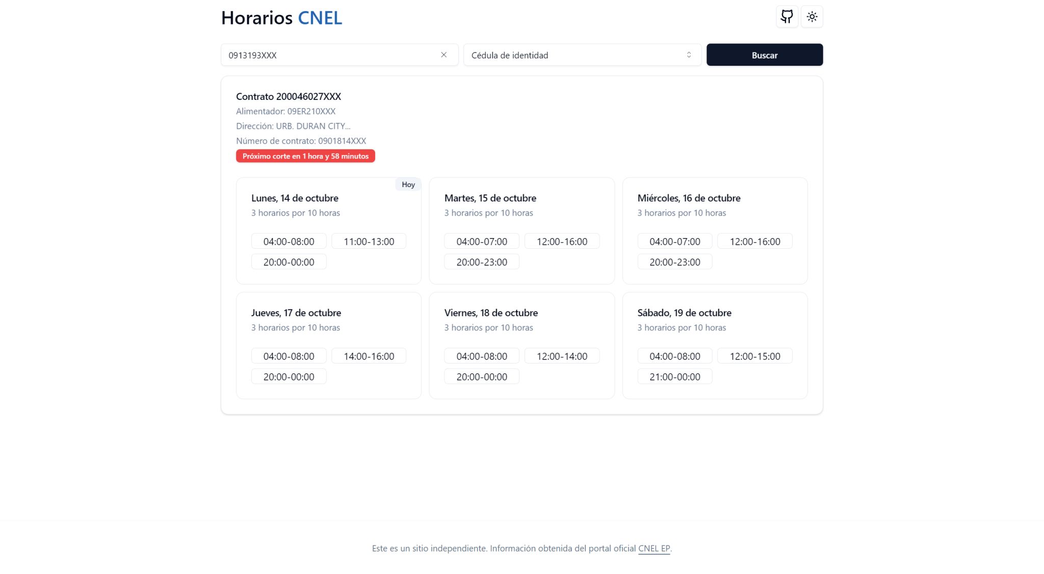 Vista previa de Horarios CNEL